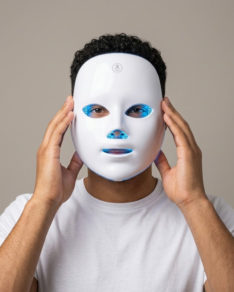 Man wearing the Lumière LED mask on blue light