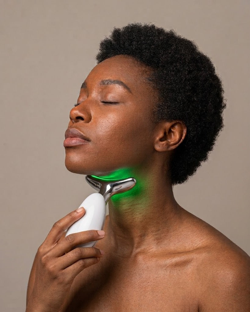 Woman using the Lumière Neck & Face Sculpting Device