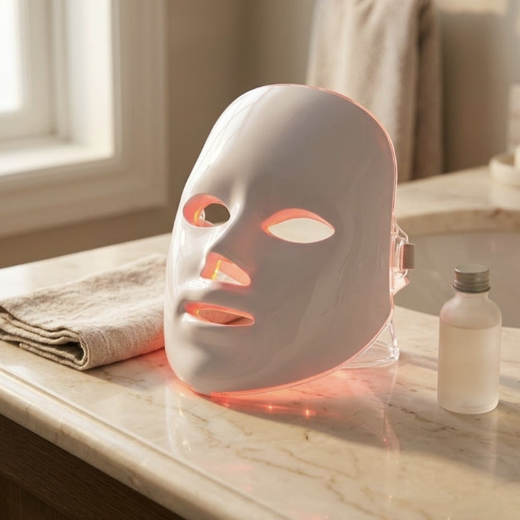 Lumière LED face mask glowing red on a bathroom counter