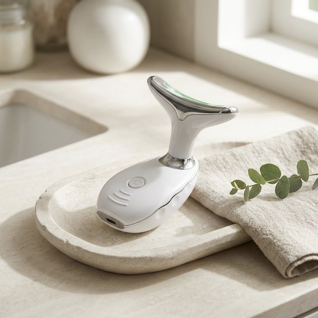 Lumière Sculpting Device resting on a stone tray in a bathroom